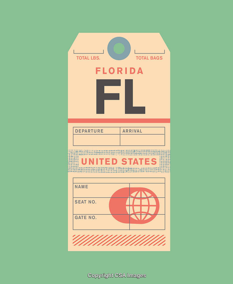 Vintage Travel Tag Featuring Florida with Retro Design Elements on Green Background