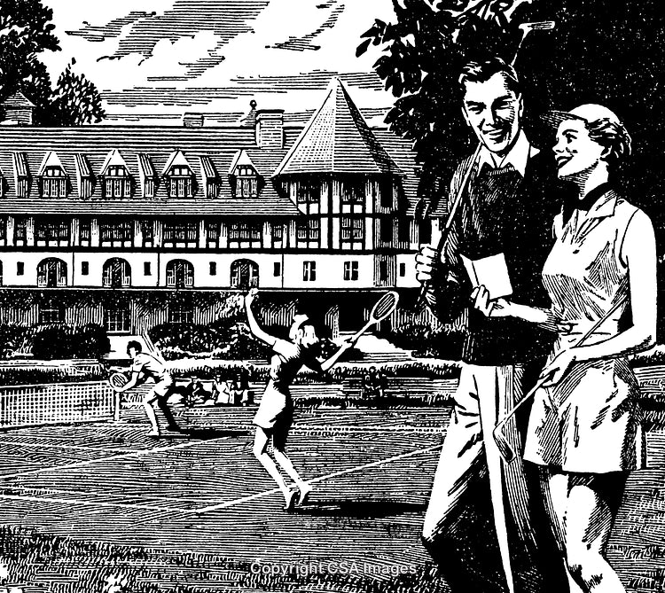 Classic Black and White Engraving of Tennis and Social Gathering