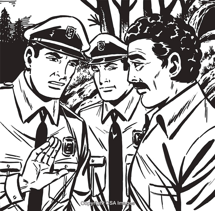 Two Policemen and a Citizen in Discussion in a Forest Setting