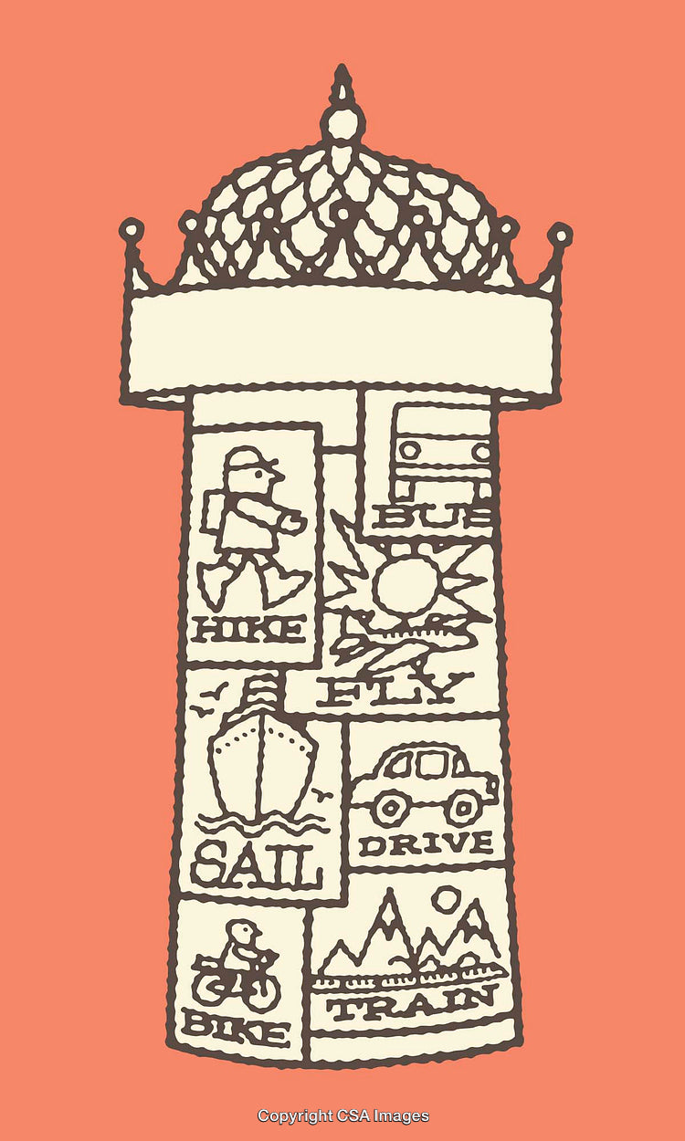 Illustrated Design Incorporating Modes of Travel in Artistic Banner Style