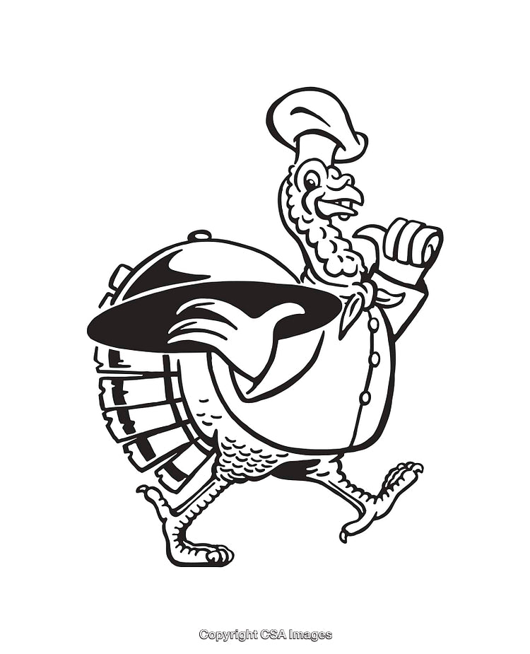 Black And White Illustration of a Chef Turkey Holding a Serving Tray