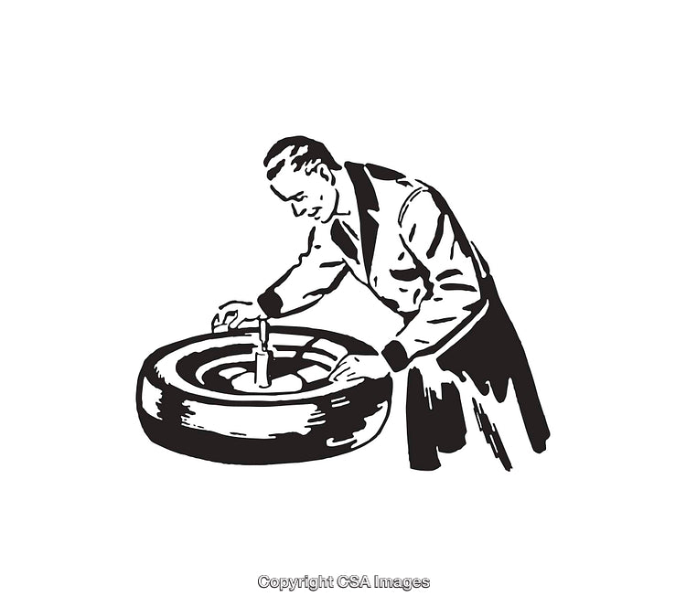 Retro Black and White Illustration of a Man Checking a Tire