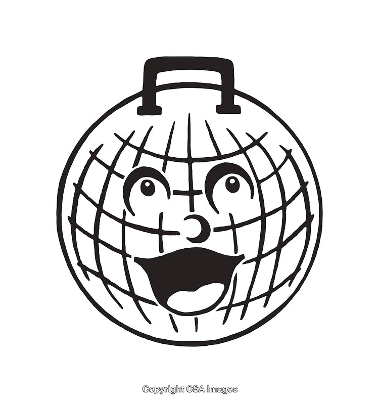 Smiling Planet Illustration with Whimsical Face in Black and White Line Art