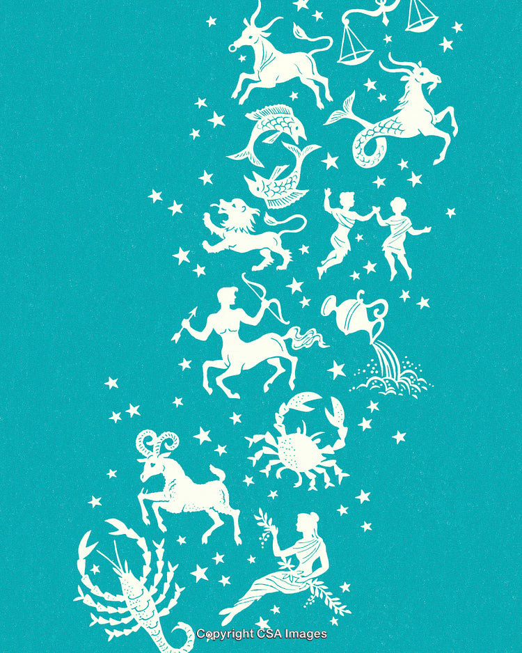 Artistic Zodiac Symbols With Stars on a Vibrant Teal Background
