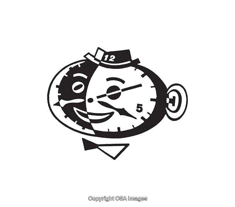 Black and White Line Art Illustration of a Smiling Clock Face