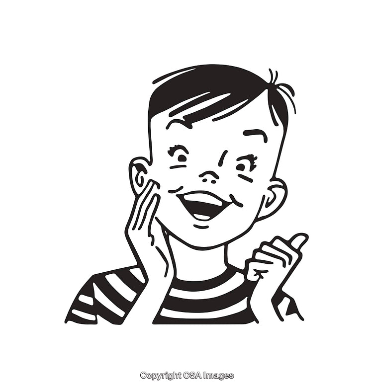 Retro Style Black and White Line Art of a Smiling Child