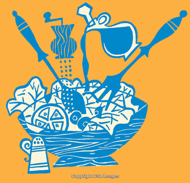 Abstract Blue Line Illustration of Salad Preparation on Vibrant Orange Background