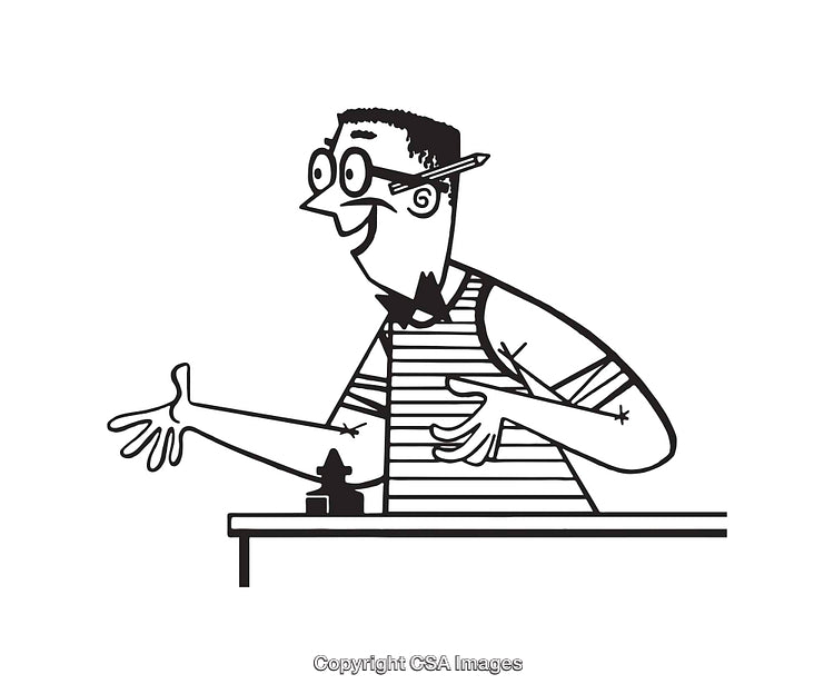 Cartoon Character Presenting Enthusiastically in Black and White Line Art