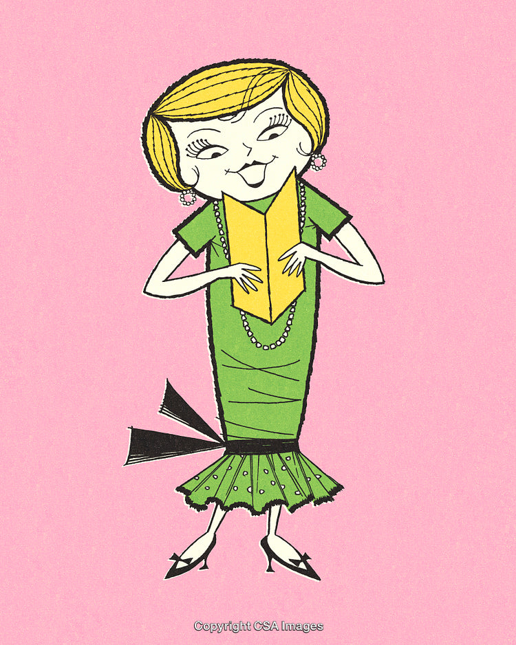 Vintage Cartoon Woman in Green Dress Reading on Pink Background