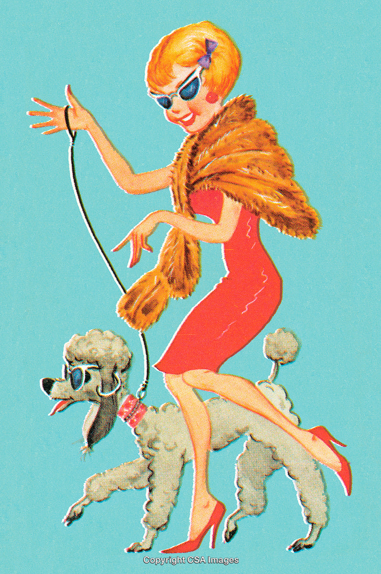 Stylish Woman Walking a Poodle in Trendy Fashion Accessories