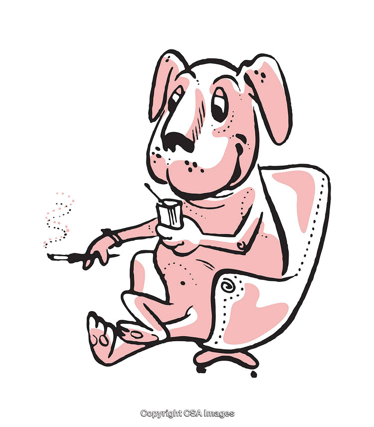 Illustration of a Playful Dog Seated Holding a Drink and Smoking