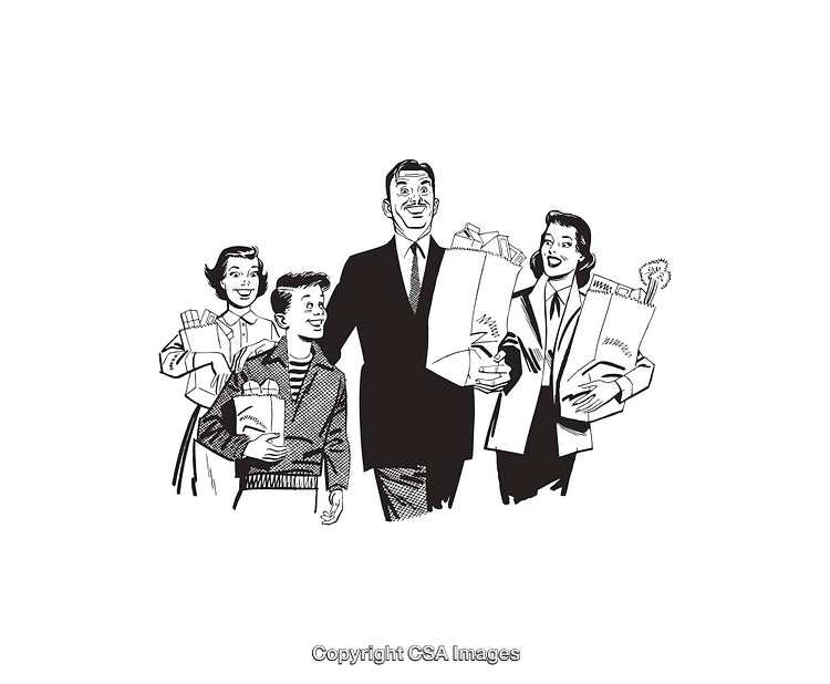 Vintage Illustration of a Happy Family Carrying Groceries Together