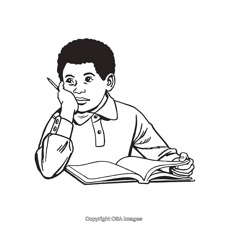 Black And White Line Art of a Boy Studying and Thinking