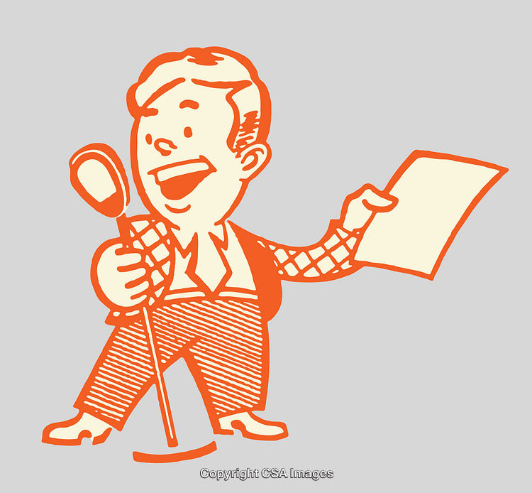 Retro Line Art of a Performer Singing with a Microphone and a Script
