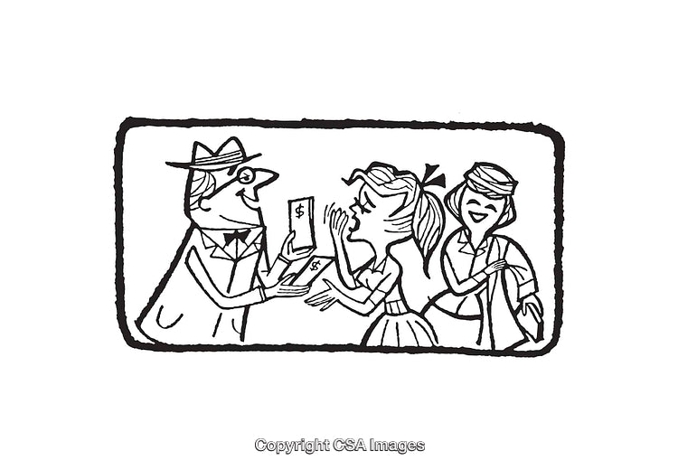 Black and White Line Art of Business Transaction with Cheerful Characters