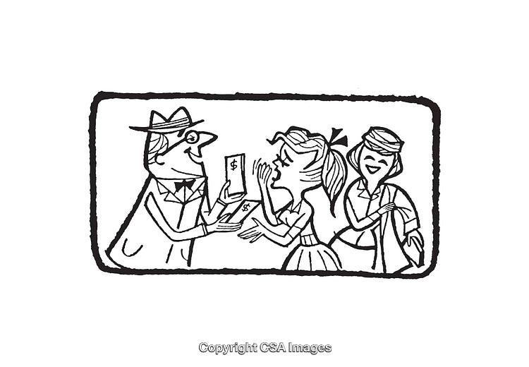 Black and White Line Art of Business Transaction with Cheerful Characters
