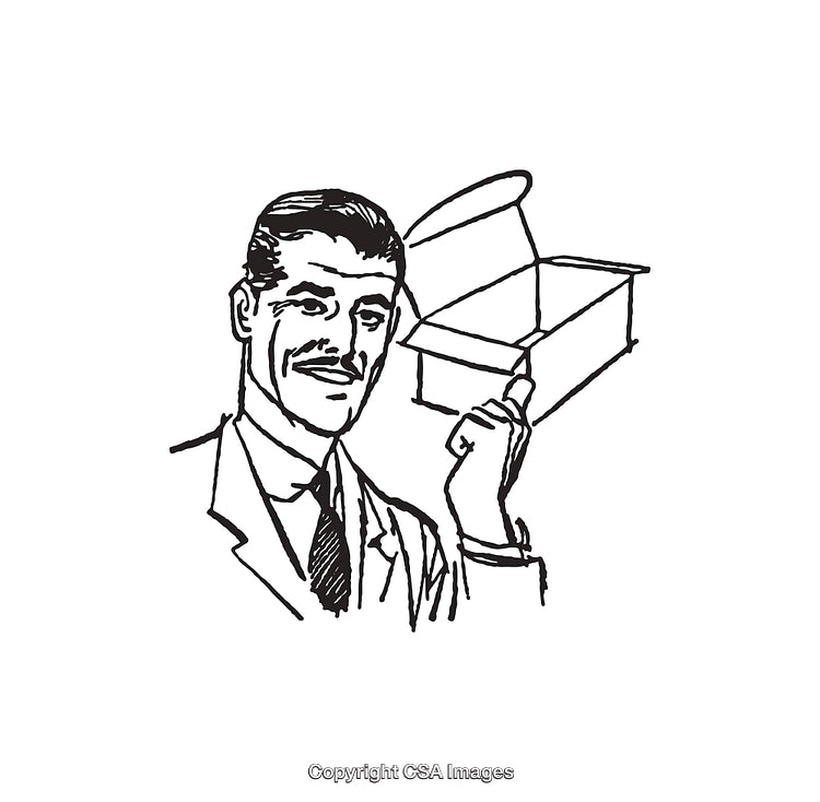 Retro Line Art Illustration of a Man with an Open Box