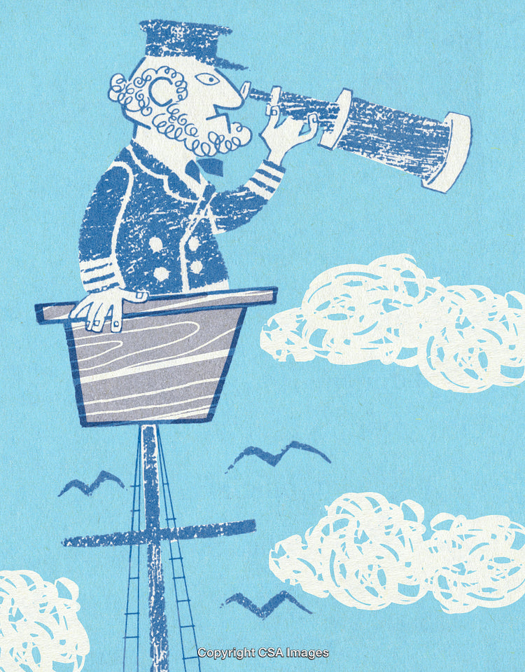 Whimsical Captain Looking Through Telescope Amidst Clouds and Seagulls