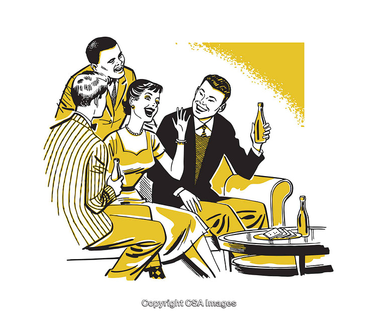 Retro Illustration of Friends Socializing with Drinks in a Casual Setting