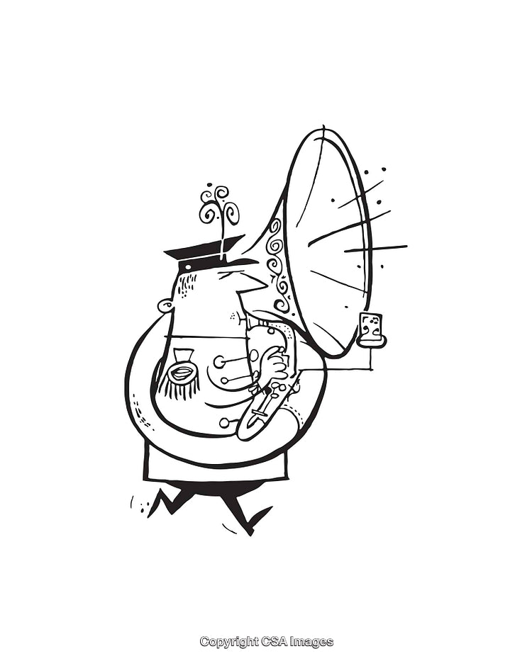 Funny Cartoon Character Playing a Large Instrument in Black and White Style