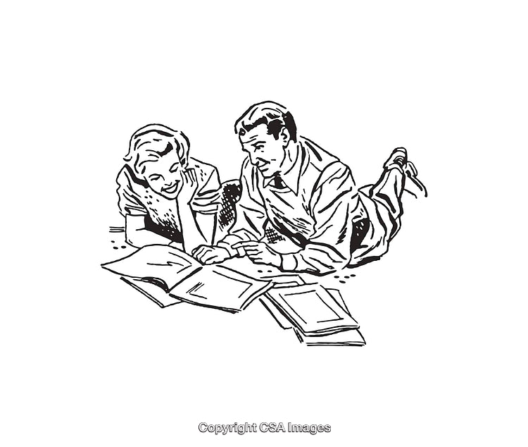 Vintage Black and White Illustration of a Couple Engrossed in Study
