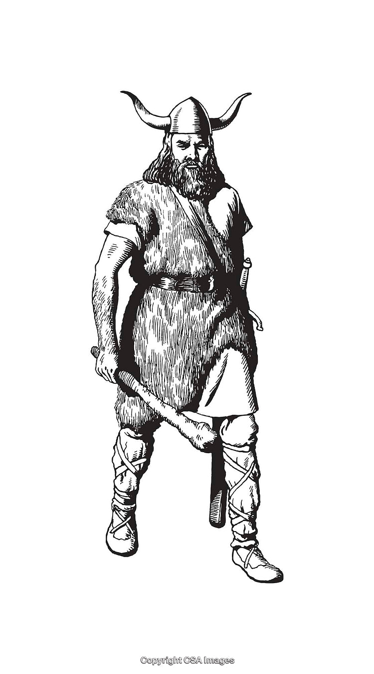 Black and White Line Art Illustration of a Viking Warrior Holding a Club