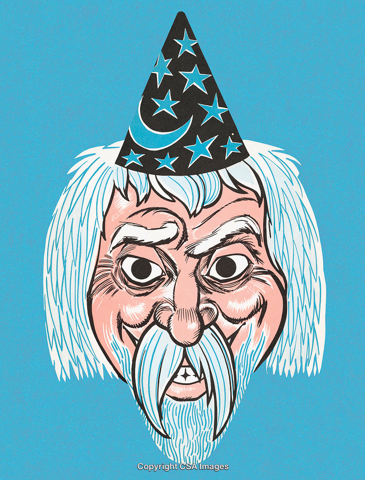 Illustration of a Mystic Wizard With a Starry Hat on Blue Background