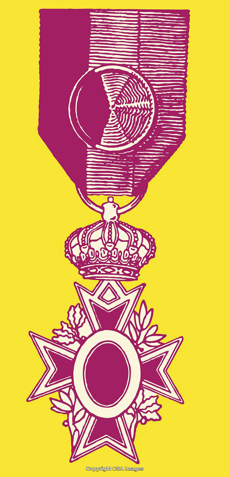Ornate Medal Illustration with Crown in Elegant Line Art Style