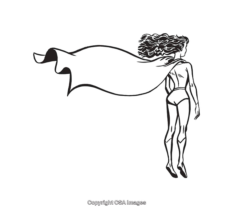 Black and White Line Art of Female Superhero in Flowing Cape