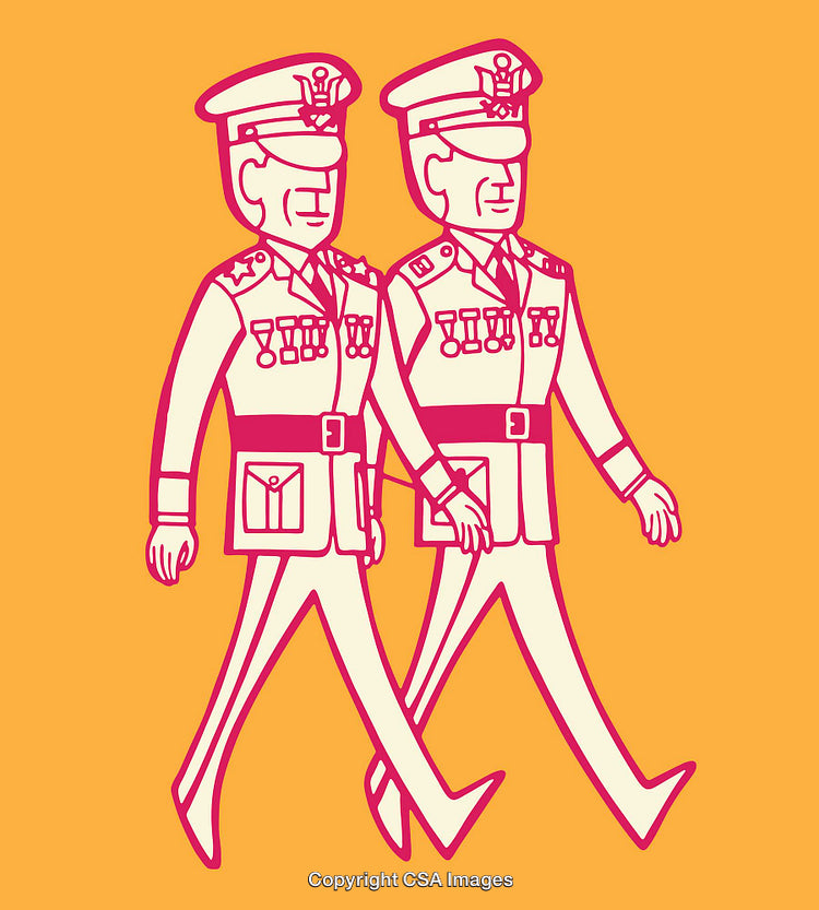 Colorful Line Illustration of Two Military Officers Marching in Unison