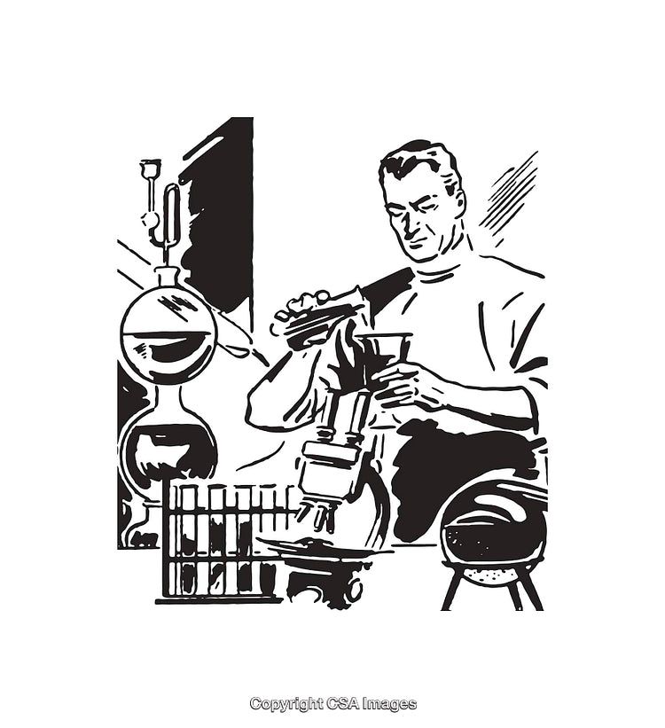 Vintage Black and White Illustration of a Scientist in a Laboratory
