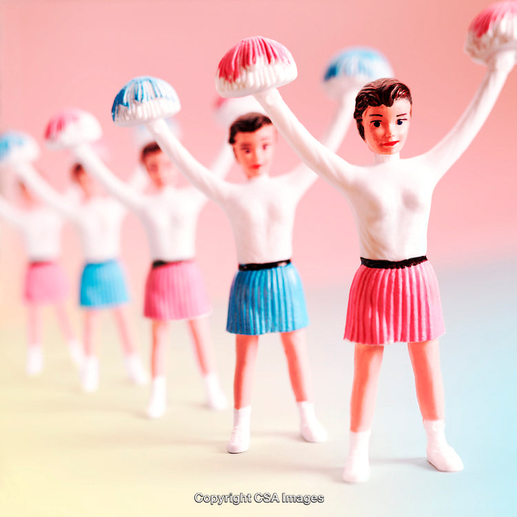 Miniature Figurines of Cheerleaders with Colorful Skirts and Pom-Poms