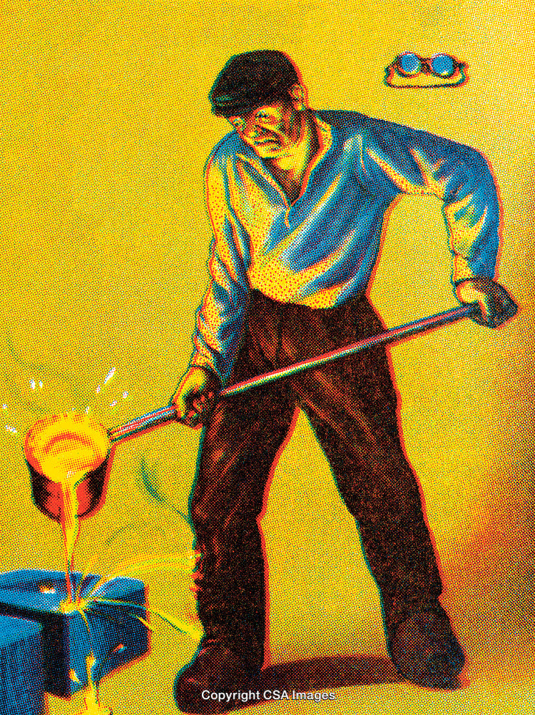 Vintage Worker Pouring Molten Metal, Industrial Style Art with Bold Colors