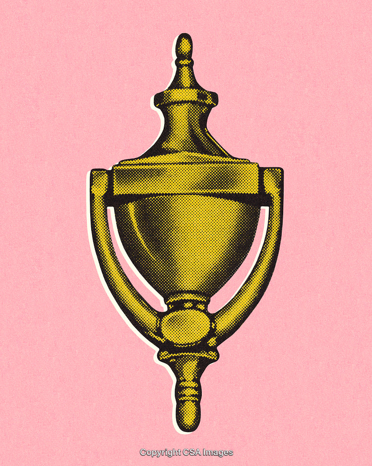 Vintage Brass Door Knocker Isolated on a Bright Pink Dotted Background
