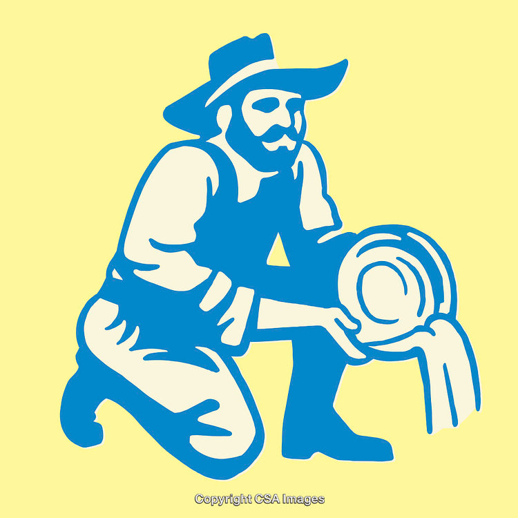 Vintage Illustration of a Miner Panning for Gold in Blue and Yellow