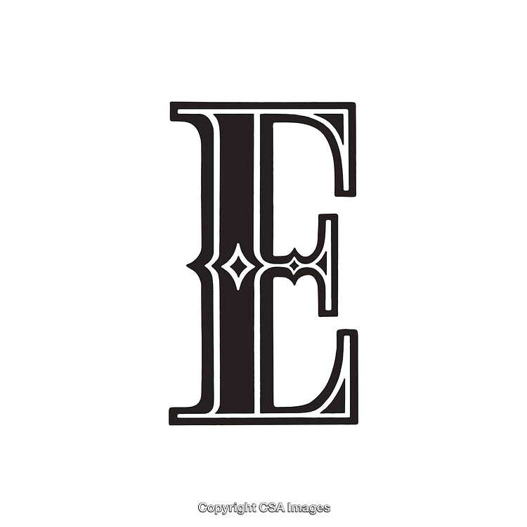 Ornamental Black Letter E With Decorative Details and Bold Typeface