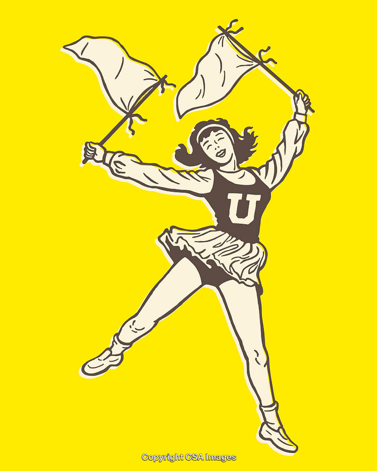 Cheerful Retro Cheerleader Illustration Waving Flags on Bright Yellow Background