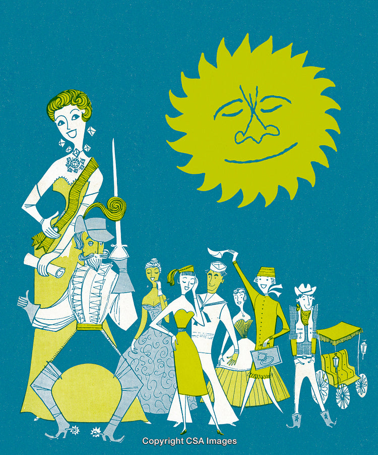 Playful Illustration of Sun and Group of Diverse Characters in Retro Style