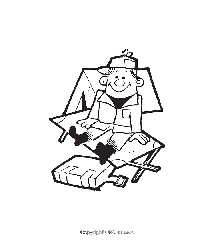 Black and White Drawing of a Smiling Camper Relaxing Outdoors