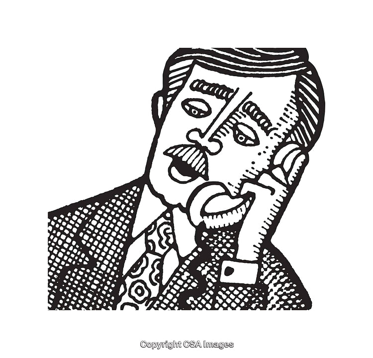 Retro-Styled Black and White Illustration of a Man Talking on Telephone