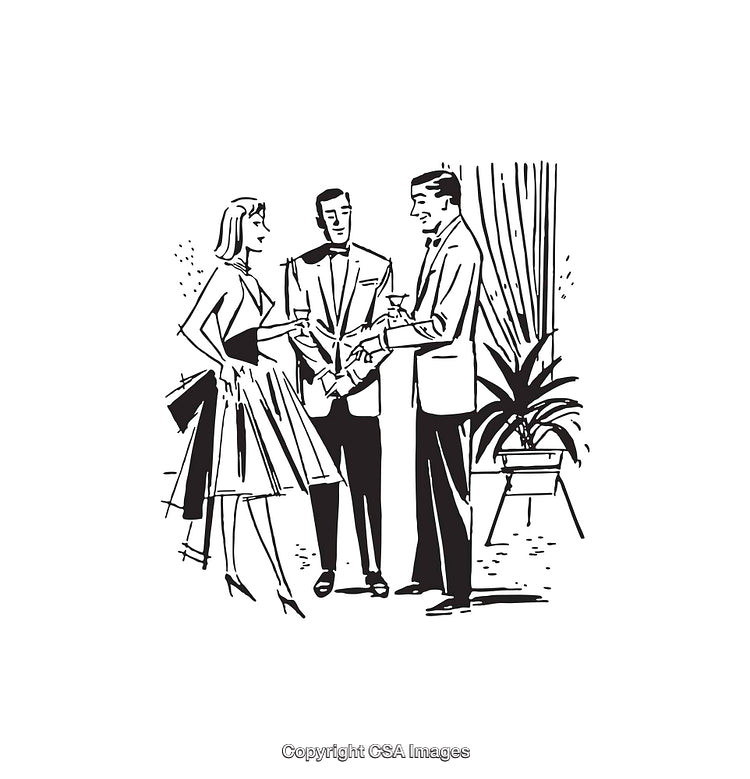 Black and White Line Art of a Social Gathering Event
