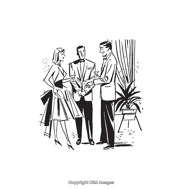 Black and White Line Art of a Social Gathering Event