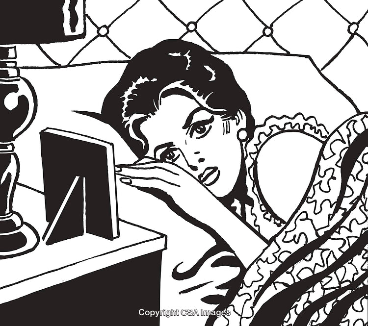 Retro Woman Depicting Sadness Lying in Bed with Thoughtful Expression