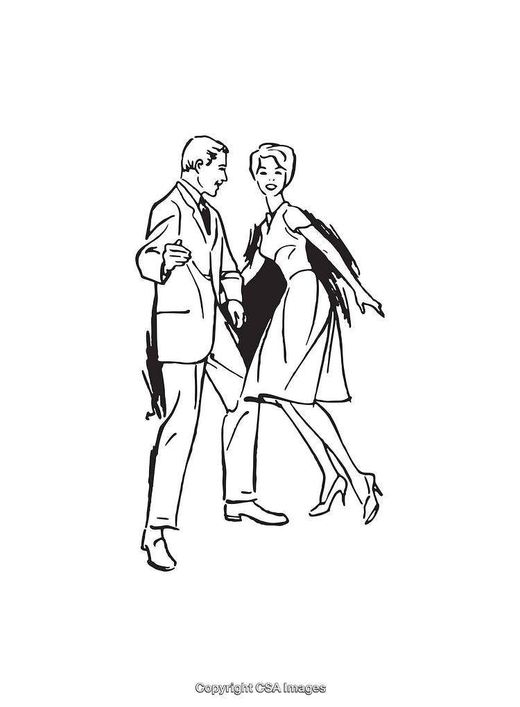 Elegant Couple Dancing in Retro Black and White Line Art Illustration