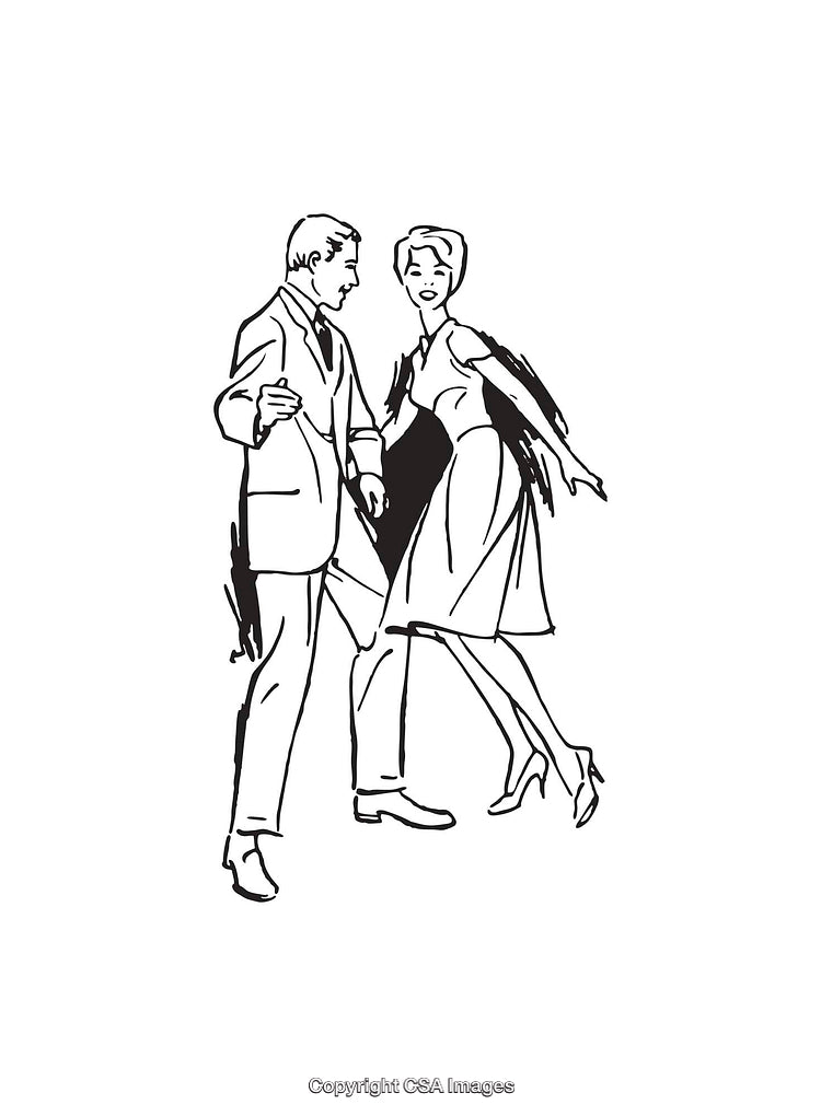 Elegant Couple Dancing in Retro Black and White Line Art Illustration
