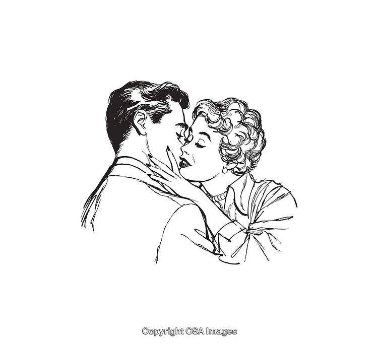 Vintage Black and White Line Art of a Romantic Couple Embracing