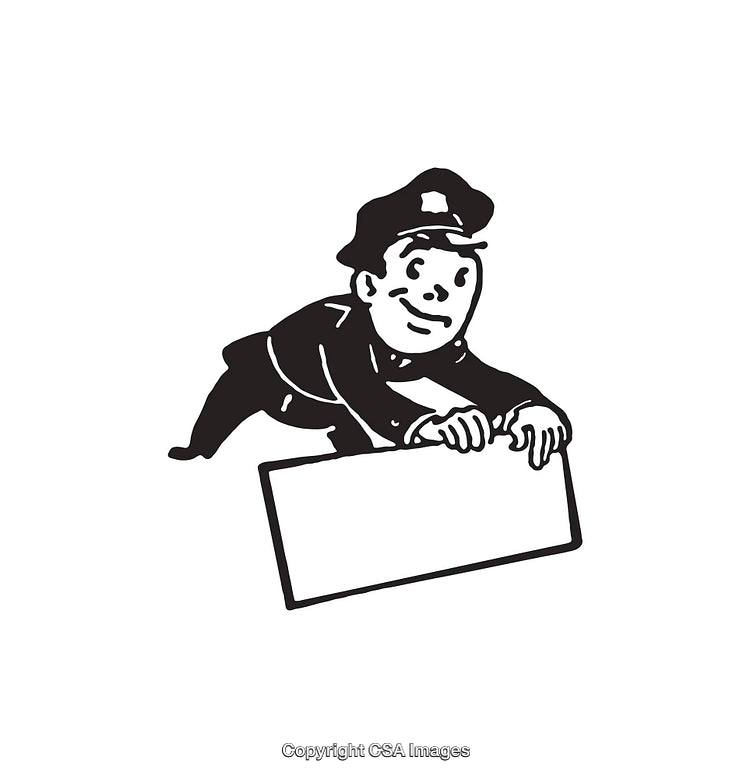 Black and White Cartoon Policeman Holding a Blank Sign Illustration