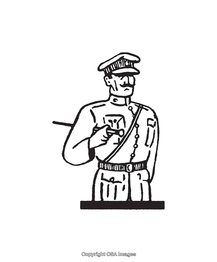 Hand-Drawn Line Art Illustration of a Military Officer in Uniform and Cap