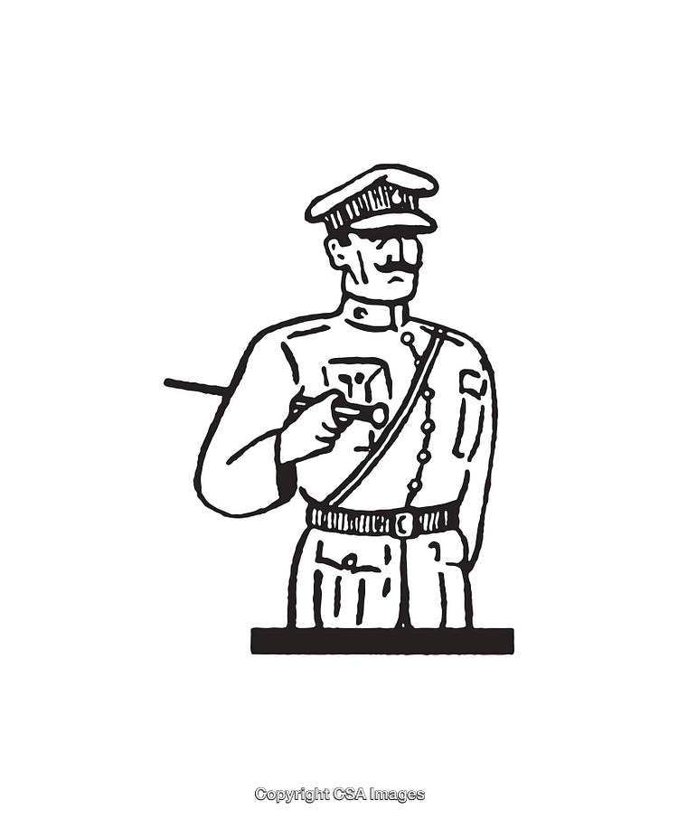 Hand-Drawn Line Art Illustration of a Military Officer in Uniform and Cap