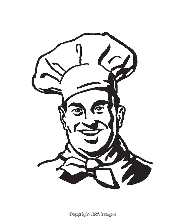 Black and White Line Art Illustration of a Smiling Chef